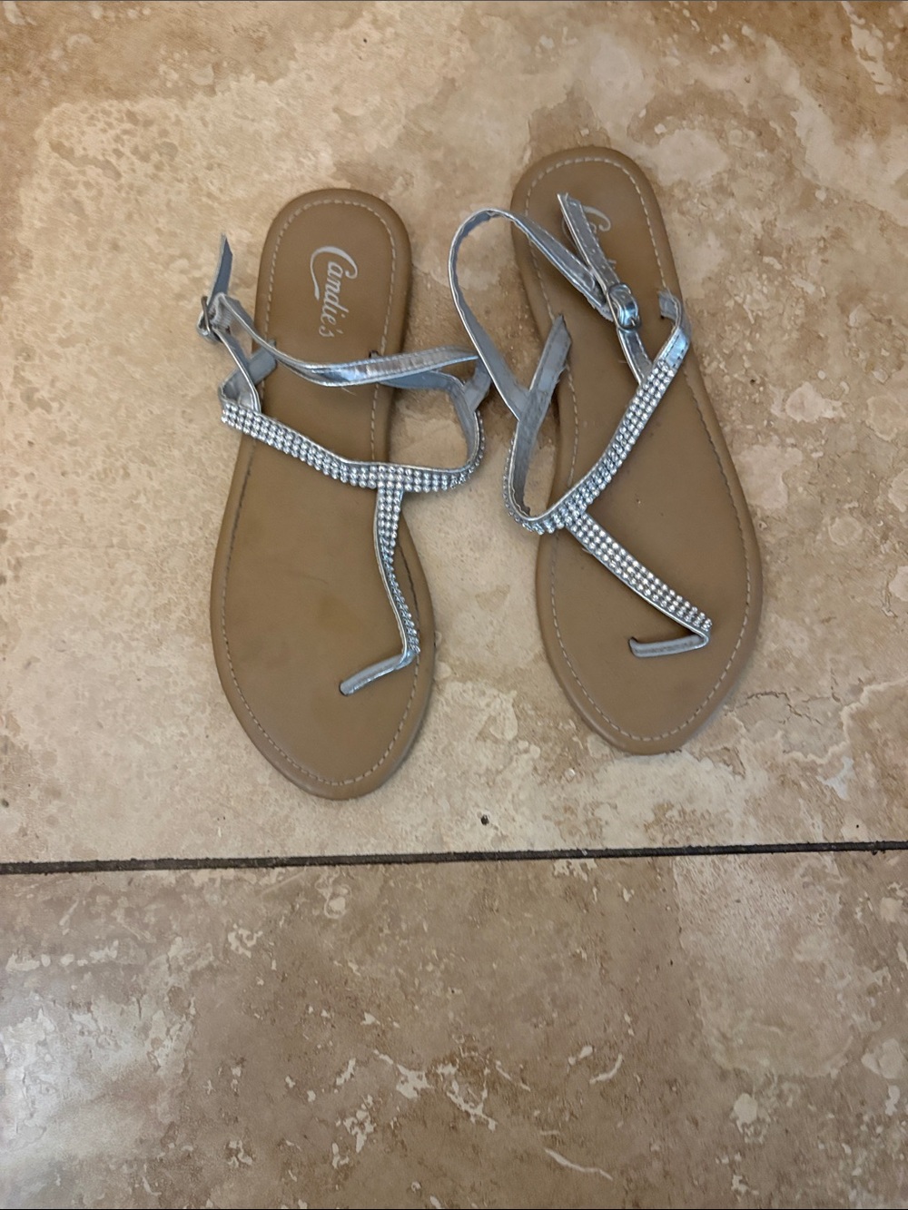 Candie's Silver Rhinestone Strappy Flat Sandals